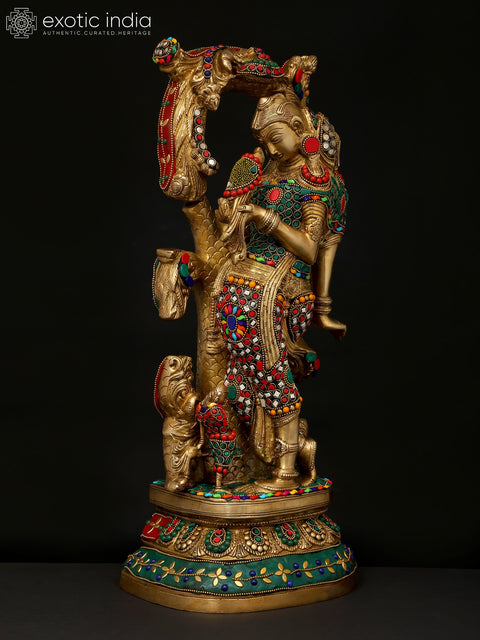 18" Celestial Nymph with Parrot Passing Message | Apsara Brass Statue with Inlay Work
