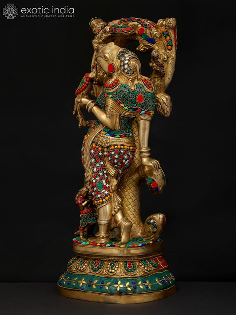 18" Celestial Nymph with Parrot Passing Message | Apsara Brass Statue with Inlay Work