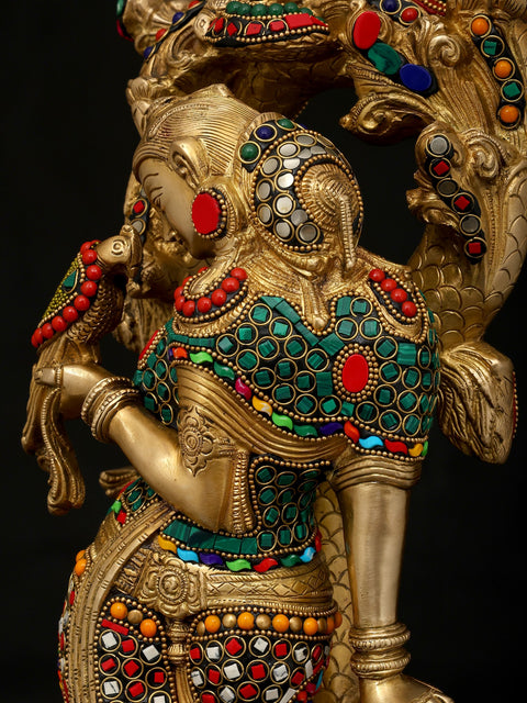 18" Celestial Nymph with Parrot Passing Message | Apsara Brass Statue with Inlay Work