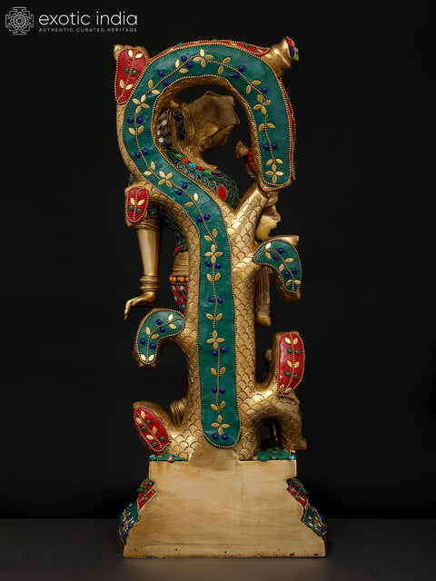 18" Celestial Nymph with Parrot Passing Message | Apsara Brass Statue with Inlay Work