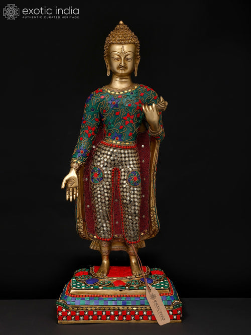 22" Standing Lord Buddha Brass Statue with Handmade Inlay Work
