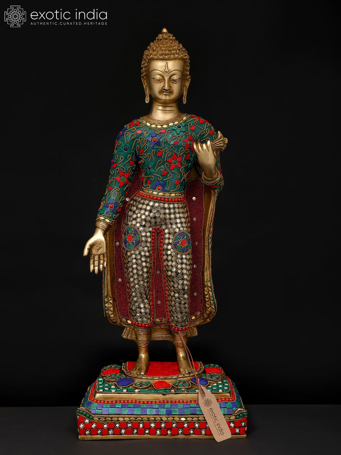 22" Standing Lord Buddha Brass Statue with Handmade Inlay Work