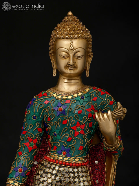 22" Standing Lord Buddha | Brass Statue with Inlay Work