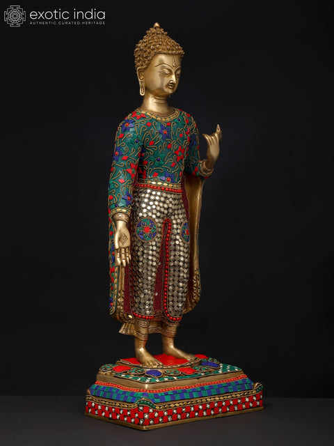 22" Standing Lord Buddha | Brass Statue with Inlay Work