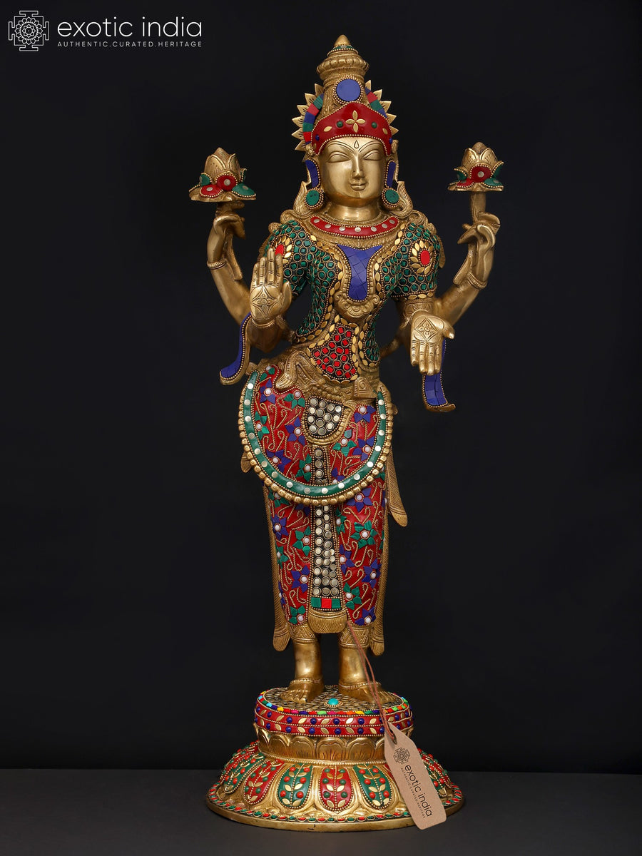 24" Four Armed Standing Goddess Lakshmi Brass Statue with Inlay
