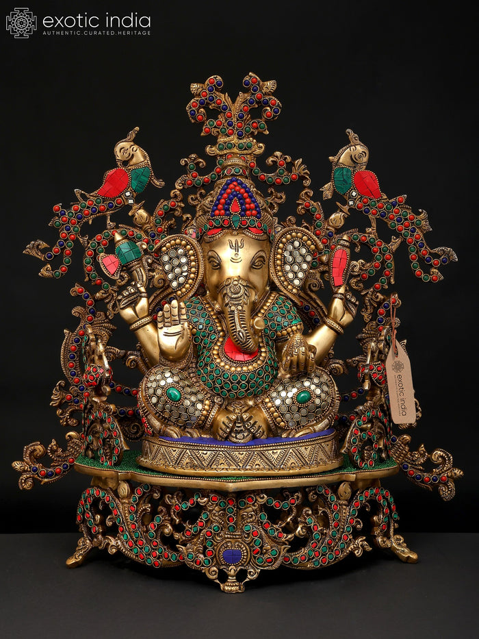 17" Handmade Brass Lord Ganesha Seated Throne Statue with Inlay Work