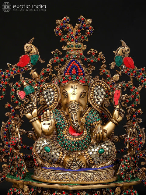 17" Blessing Lord Ganesha Seated on Beautiful Throne | Brass Statue with Inaly Work