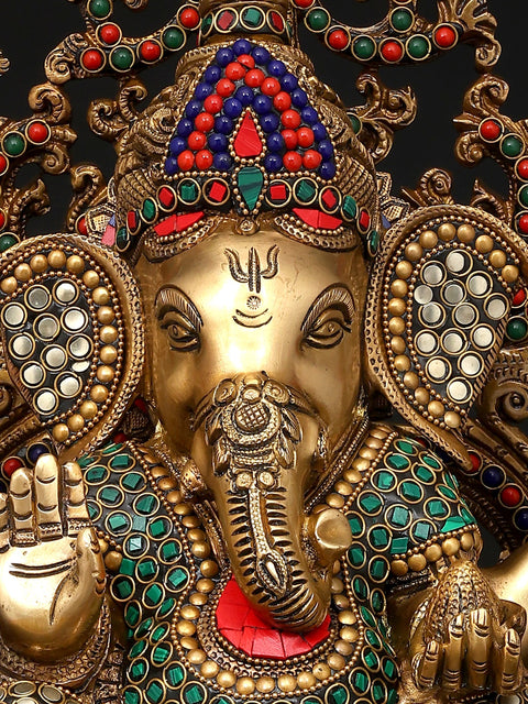 17" Blessing Lord Ganesha Seated on Beautiful Throne | Brass Statue with Inaly Work