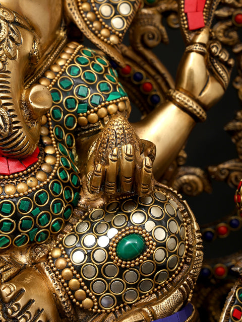 17" Blessing Lord Ganesha Seated on Beautiful Throne | Brass Statue with Inaly Work