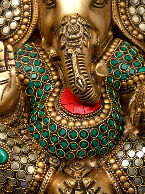 17" Blessing Lord Ganesha Seated on Beautiful Throne | Brass Statue with Inaly Work