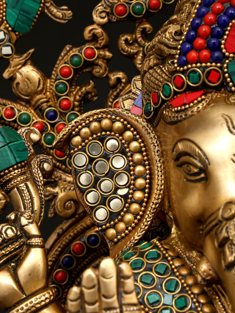 17" Blessing Lord Ganesha Seated on Beautiful Throne | Brass Statue with Inaly Work