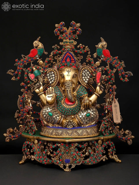 17" Blessing Lord Ganesha Seated on Beautiful Throne | Brass Statue with Inaly Work