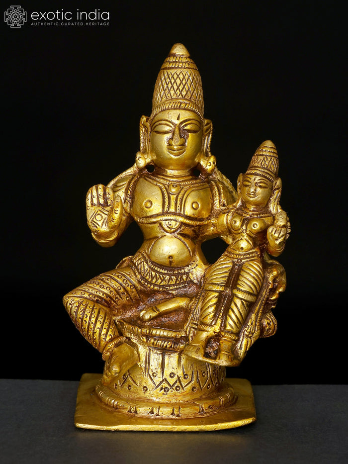 4" Sitting Lord Vishnu with Devi Lakshmi Brass Statue for Pooja