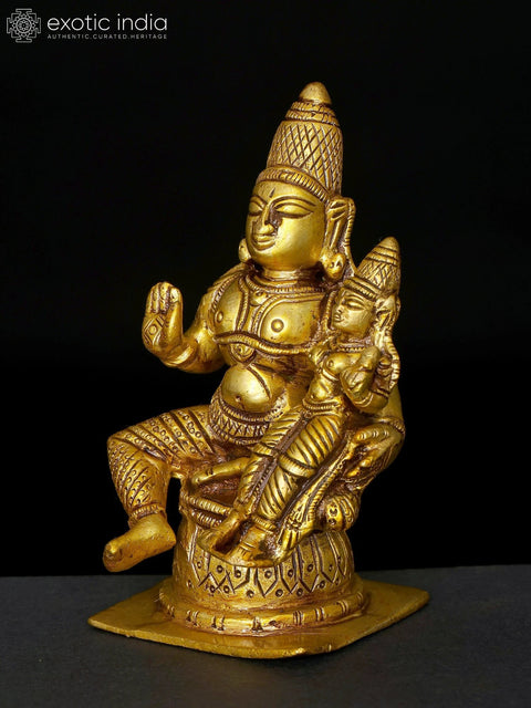 4" Small Sitting Lord Vishnu with Devi Lakshmi | Brass Statue