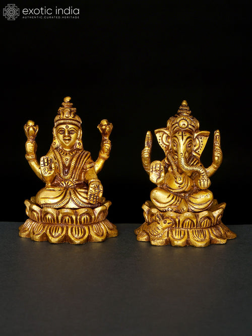 3" Sitting Lakshmi Ganesha Brass Statue Pair for Pooja