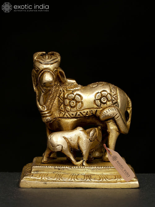3" Small Cow and Calf Brass Statue for Home Decor