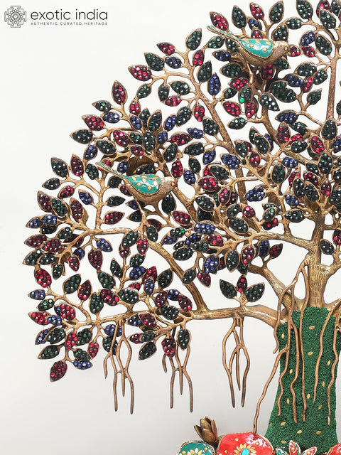 28" Tree of Life with Perched Birds | Brass With Inlay Work | Wall Hanging