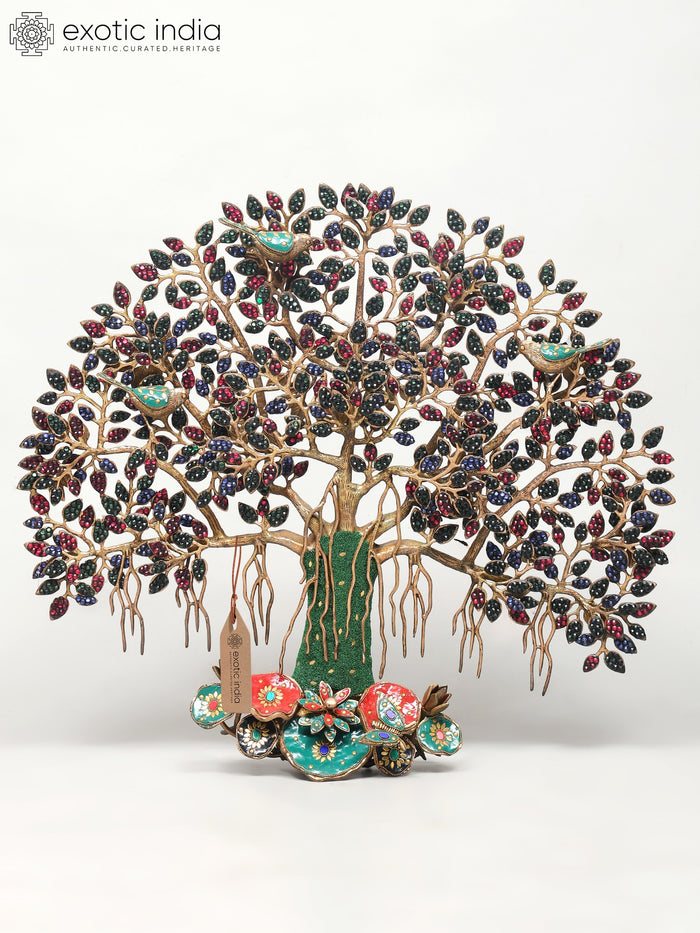 28" Tree of Life Brass Wall Hanging with Perched Birds and Inlay Work