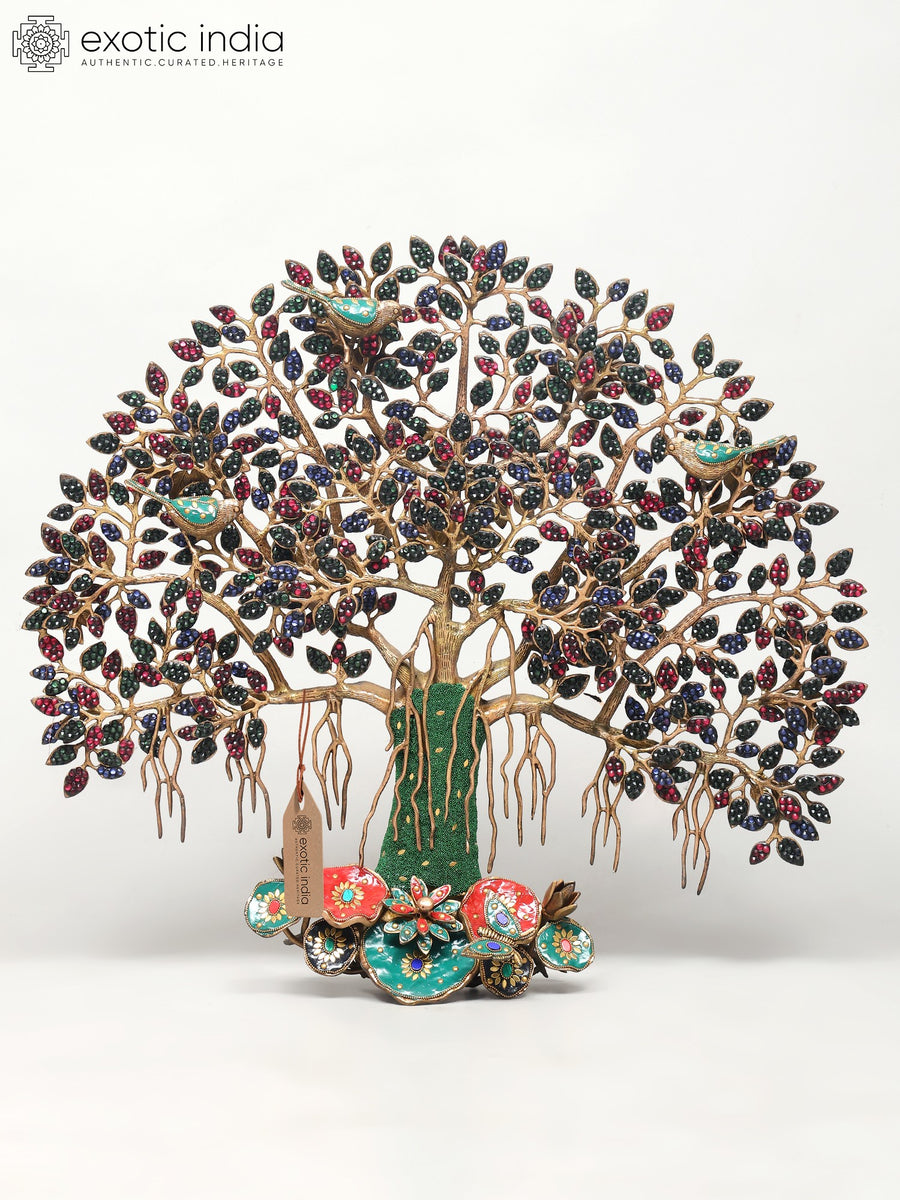 28" Tree of Life Brass Wall Hanging with Perched Birds and Inlay Work