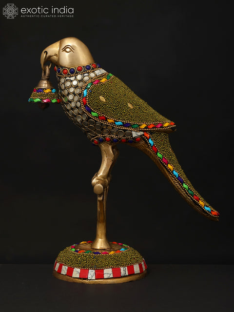 9" Parrot with Bell | Brass Statue with Inlay Work | Brass Statue with Inlay Work