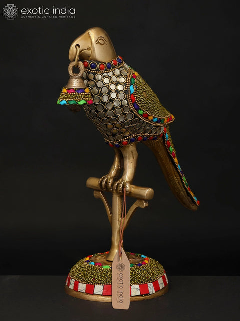 9" Parrot with Bell | Brass Statue with Inlay Work | Brass Statue with Inlay Work