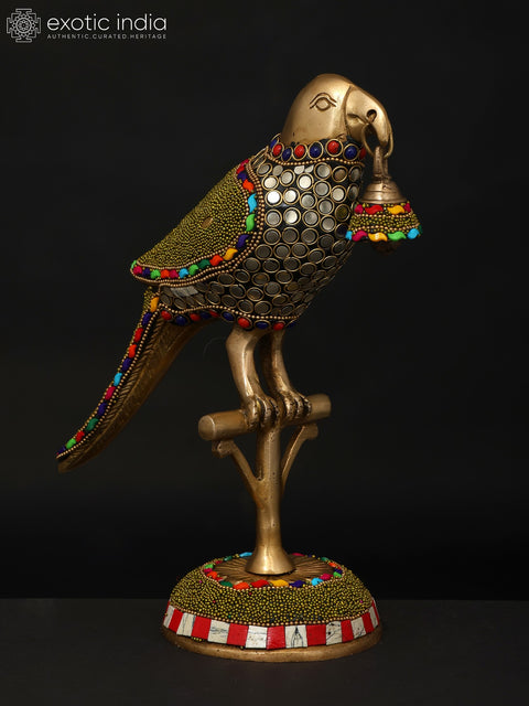 9" Parrot with Bell | Brass Statue with Inlay Work | Brass Statue with Inlay Work