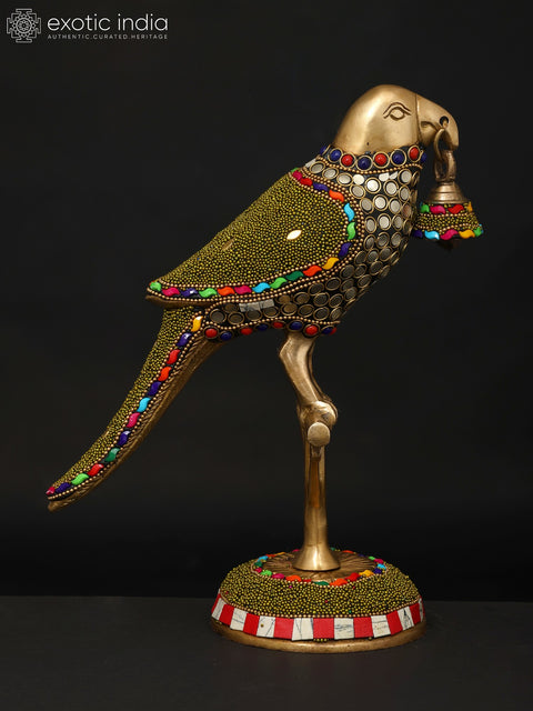 9" Parrot with Bell | Brass Statue with Inlay Work | Brass Statue with Inlay Work