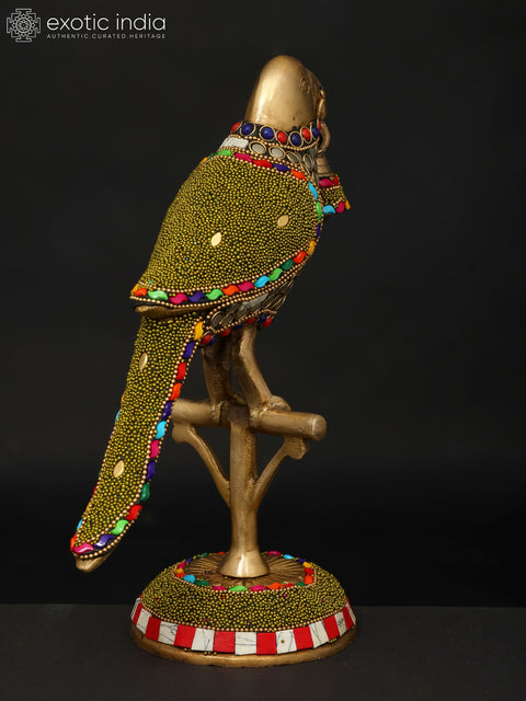 9" Parrot with Bell | Brass Statue with Inlay Work | Brass Statue with Inlay Work
