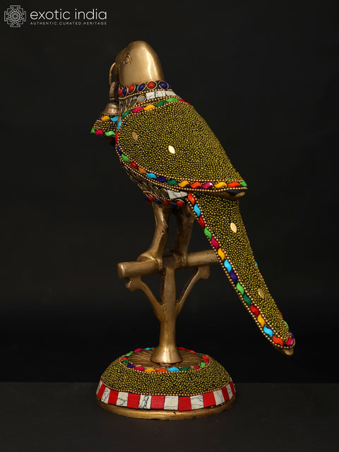 9" Parrot with Bell | Brass Statue with Inlay Work | Brass Statue with Inlay Work