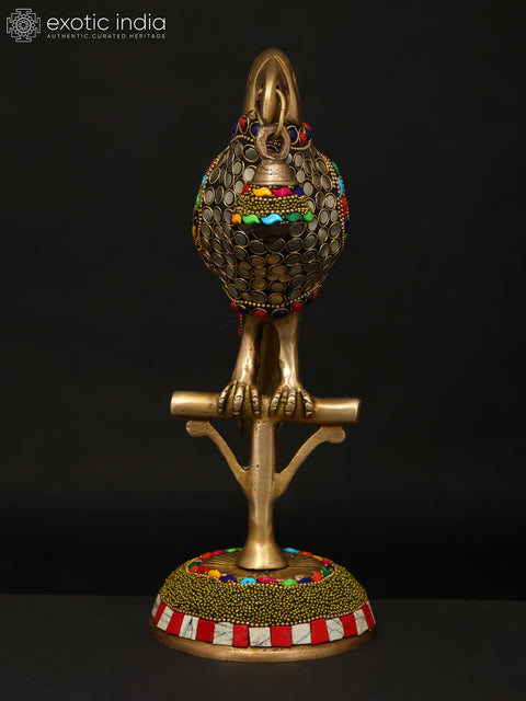 9" Parrot with Bell | Brass Statue with Inlay Work | Brass Statue with Inlay Work