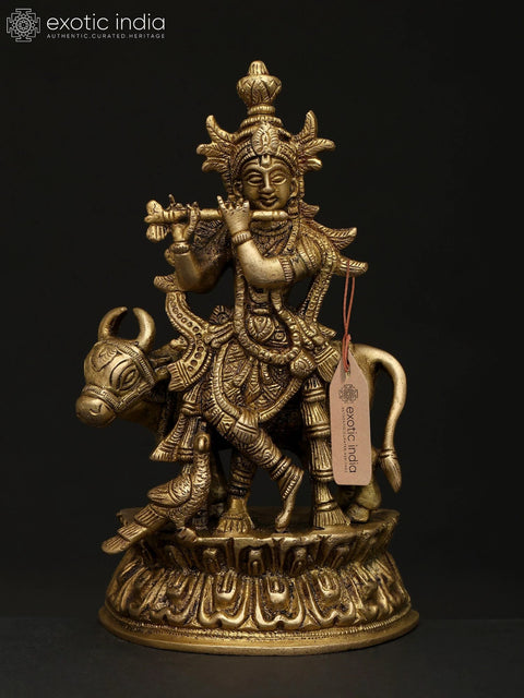 7" Fluting Lord Krishna with Cow and Peacock | Brass Statue