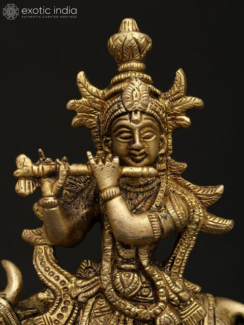 7" Fluting Lord Krishna with Cow and Peacock | Brass Statue