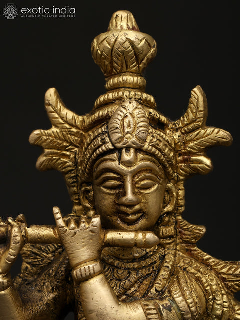 7" Fluting Lord Krishna with Cow and Peacock | Brass Statue
