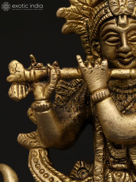 7" Fluting Lord Krishna with Cow and Peacock | Brass Statue