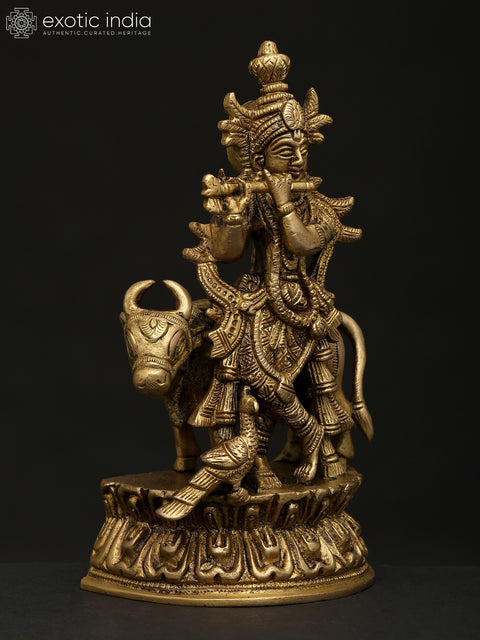 7" Fluting Lord Krishna with Cow and Peacock | Brass Statue