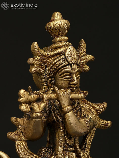 7" Fluting Lord Krishna with Cow and Peacock | Brass Statue