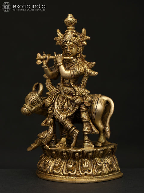 7" Fluting Lord Krishna with Cow and Peacock | Brass Statue