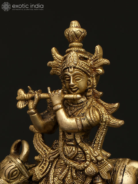 7" Fluting Lord Krishna with Cow and Peacock | Brass Statue