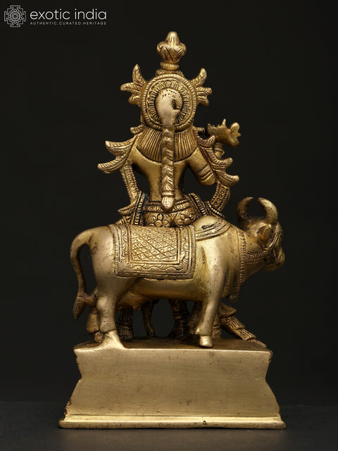 7" Fluting Lord Krishna with Cow and Peacock | Brass Statue