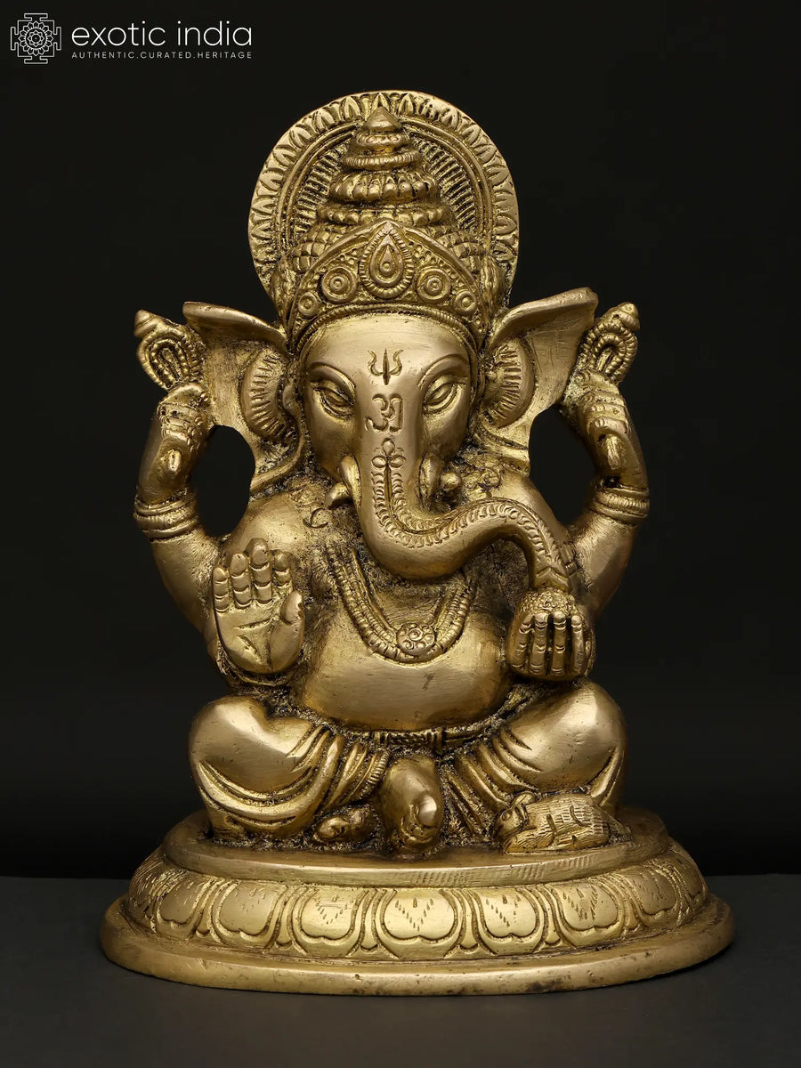 6" Four Armed Ganesha Brass Statue for Pooja