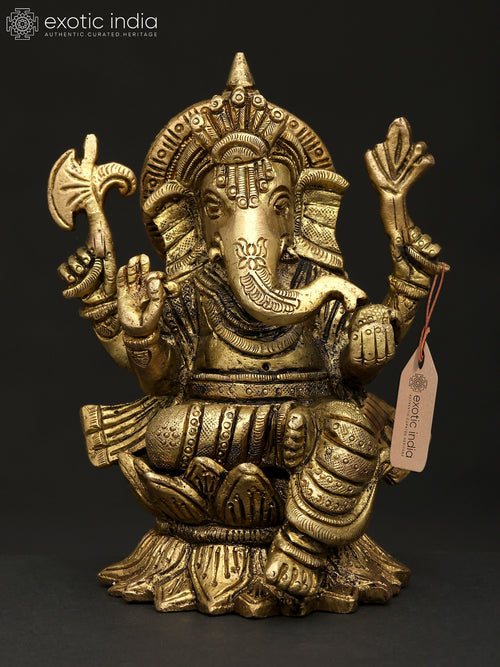 5" Chaturbhuja Lord Ganesha Brass Statue for Pooja
