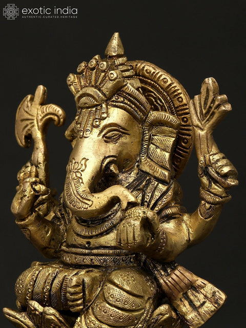 5" Small Chaturbhuja Lord Ganesha | Brass Statue