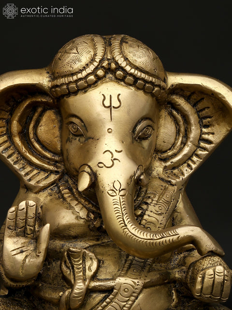 6" Small Sitting Blessing Lord Ganesha | Brass Statue