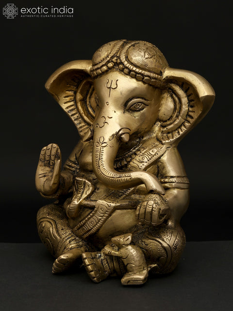 6" Small Sitting Blessing Lord Ganesha | Brass Statue
