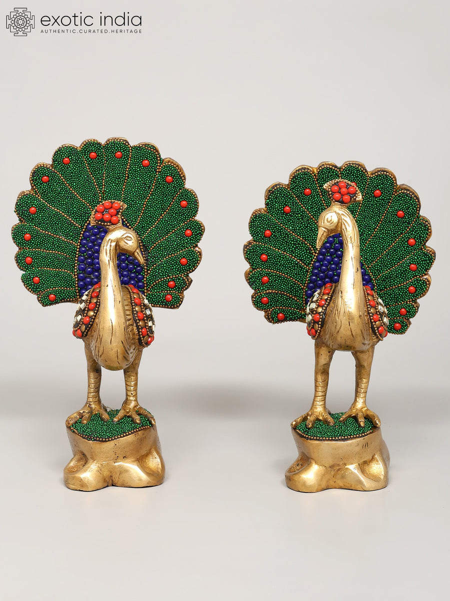 8" Brass Peacock Pair Statues with Inlay Work for Home Decor