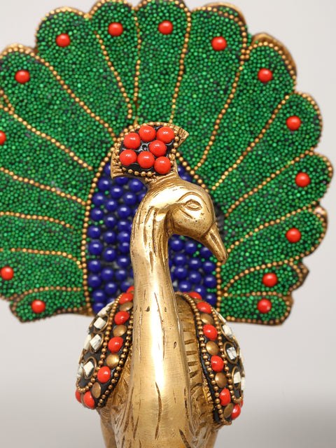 8" Pair of Peacocks | Brass Statues with Inlay Work | Home Decor