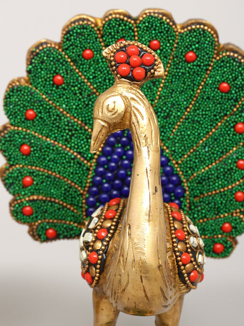 8" Pair of Peacocks | Brass Statues with Inlay Work | Home Decor