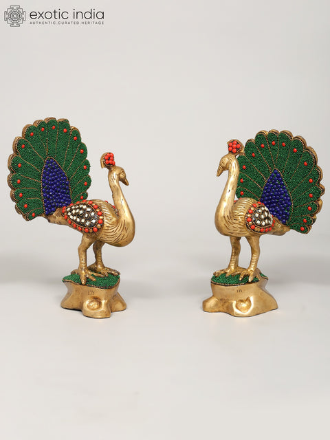 8" Pair of Peacocks | Brass Statues with Inlay Work | Home Decor