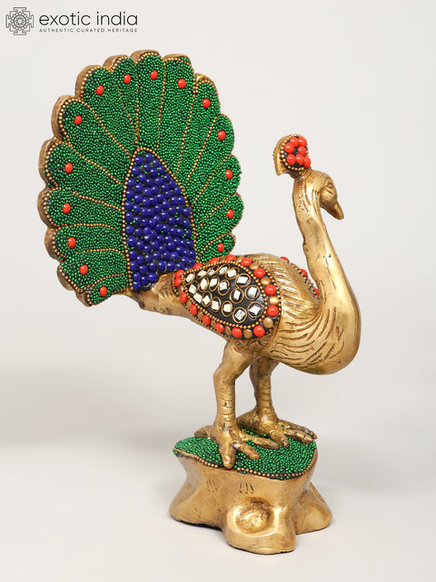 8" Pair of Peacocks | Brass Statues with Inlay Work | Home Decor