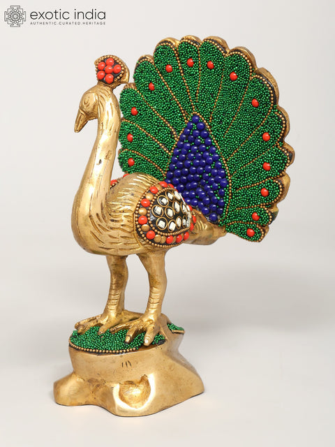 8" Pair of Peacocks | Brass Statues with Inlay Work | Home Decor
